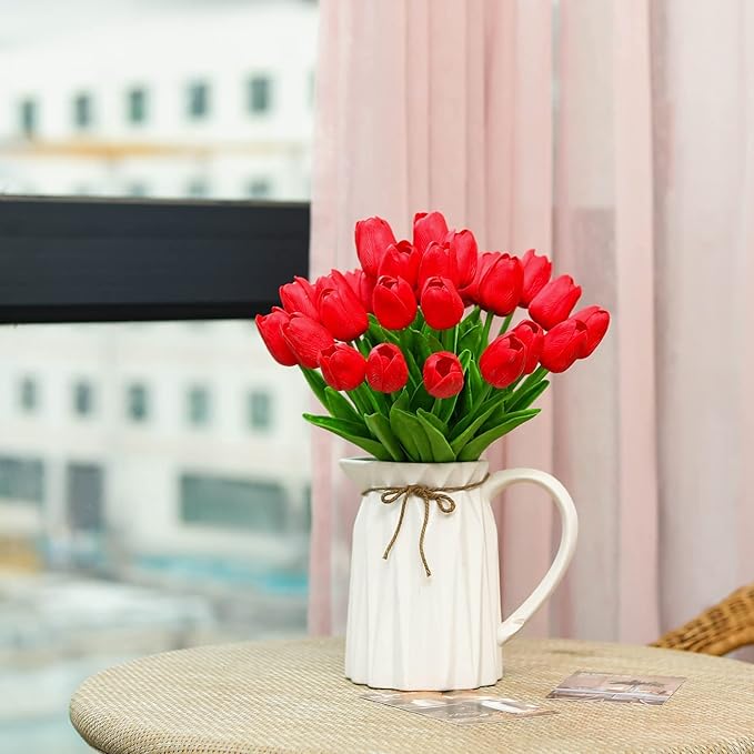 30 Pcs Fake Latex Tulips Artificial Flowers Faux Tulip Stems Real Touch Tulips for Wedding Party Home Decoration (Red)