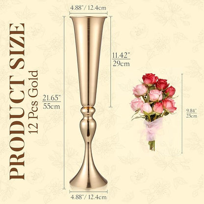 12 Pcs Tall Gold Trumpet Vases for Centerpieces & Wedding Tables - 21.65" Tall Gold Flower Vase Set with Weighted Base, Metal Trumpet Centerpieces for Tables (Bases para Centros de Mesa)