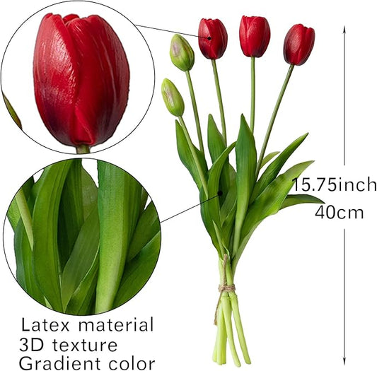15pcs Artificial Tulips Flowers, Real Touch Latex Bouquet, Fake Tulips for Office Wedding Party Home Kitchen Garden Decoration-B Red