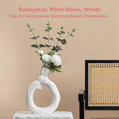 White Ceramic Vase with Knot & Loop Design - 10" Unique Flower Vase for Pampas Grass & Centerpieces, Decorative Boho/Farmhouse Vase for Living Room, Office Desk & Housewarming Gift (for Her/Yourself)