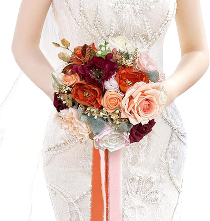 8.6 Inch Wedding Bouquets for Bride Bridesmaid, Burnt Orange Burgundy Rose Bridal Bouquet Terracotta Fall Wedding Artificial Silk Flower Boho Rustic Ceremony Anniversary Decor Toss Bouquet