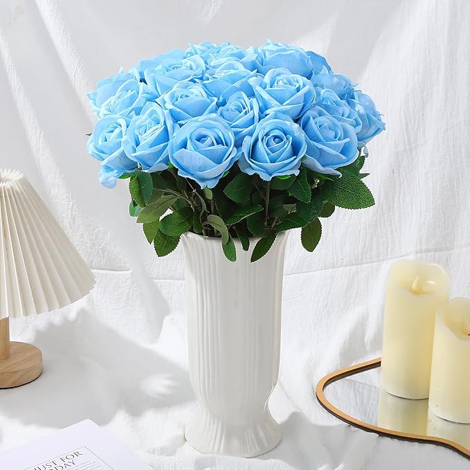 80 Pcs Roses Artificial Flowers, Silk Sky Blue Artificial Flowers Petals Long Stem Roses for Wedding Bouquet Home Party Decor