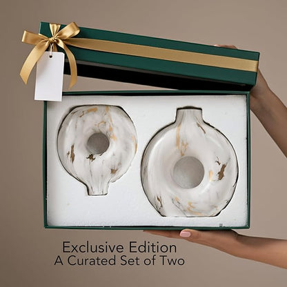 Modern Ceramic Donut Vase Set of 2 - Boho Design White and Gold Marble Pattern Vases for Flowers and Pampas - Elegant Home Decor Centerpieces for Coffee Tables - Entryways - Dining and Living Rooms