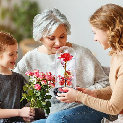 Pusuny Christmas Rose Gifts for Women Birthday Gift Galaxy Glass Rose Forever Eternal Crystal Flower Light Up Roses in Glass Dome with Butterfly Xmas Gifts for Women Mom Grandma Wife Her Sister Red
