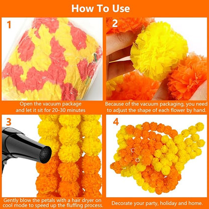 5pcs Marigold Garland for Decoration, 5 Feet Artificial Marigold Flowers Diwali Decorations for Home, Yellow and Orange Artificial Marigold Heads for Diwali Party, Indian Weddings, Halloween, Wreath