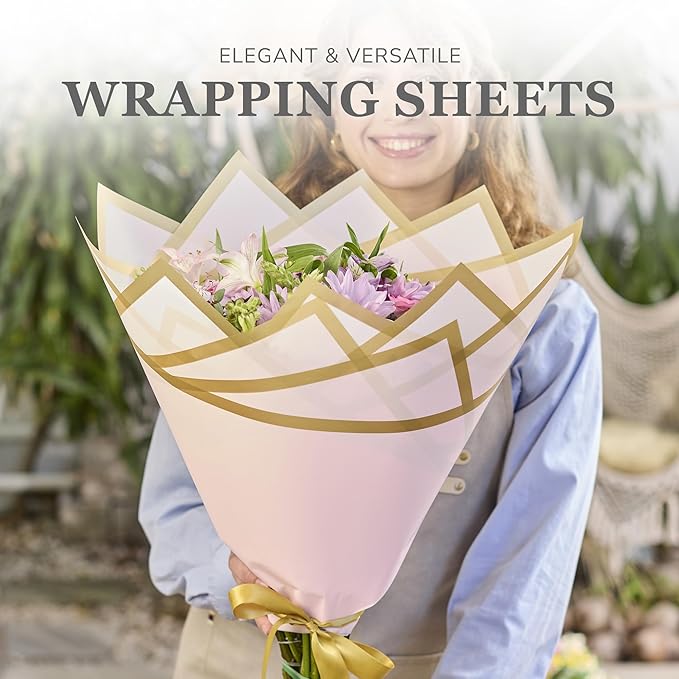the florist Supply 20 Sheets Premium Flower Wrapping Paper | Waterproof Flower Wrapping Paper for Bouquets | Double Sided Floral Bouquet Sheets | DIY Gifts Borderline Pink/Gold