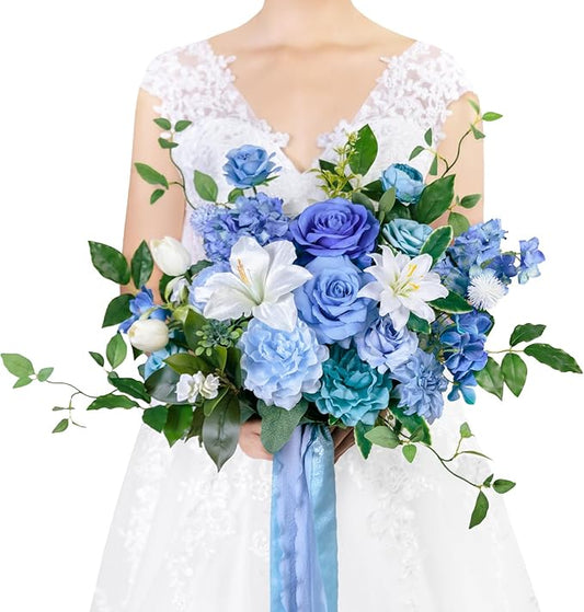 TINGE TIME 13 Inch Wedding Bouquets for Bride,Bridal Bouquet for Bride, Artificial Silk Flowers for Wedding Ceremony and Anniversary (Provence Blue)