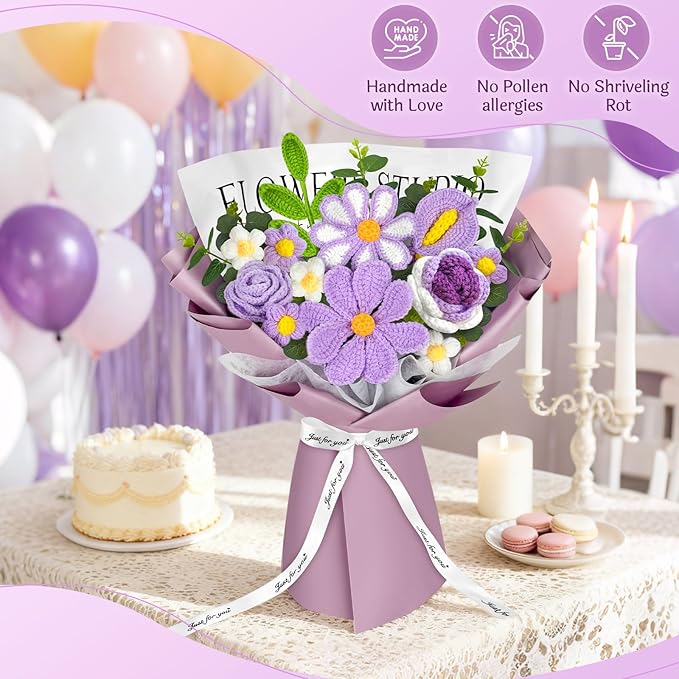 ICX Crochet Flowers Bouquet with Lights,Handmade Knitted Roses Flowers,Gesang Flower,Crochet Heart, Crochet Gift for Wedding, Birthday, Anniversary, Mother’s Day for Her, Girlfriend, Wife(Purple)