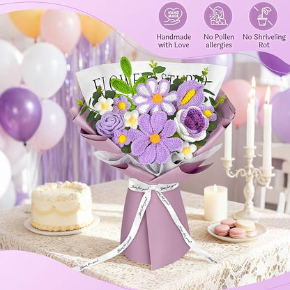ICX Crochet Flowers Bouquet with Lights,Handmade Knitted Roses Flowers,Gesang Flower,Crochet Heart, Crochet Gift for Wedding, Birthday, Anniversary, Mother’s Day for Her, Girlfriend, Wife(Purple)