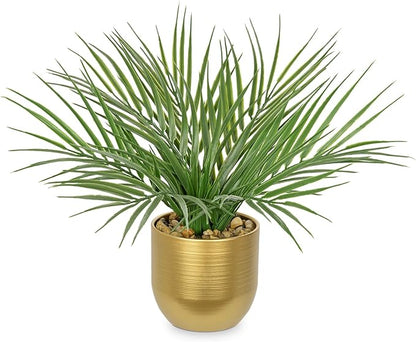 Hollyone Large Artificial Potted Plants Fake Palm Plants 13" Faux Tropical Palm Plant Tree in Gold Metal Pots for Home Room Office House Indoor Decoration