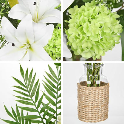 Hollyone Fake Flowers with Vase, Easter Lily Flowers, White Silk Tiger Lily and Hydrangea Artificial Flowers in Vase, Faux Plants and Flowers Arrangement Bouquets for Table Centerpieces Home Decor