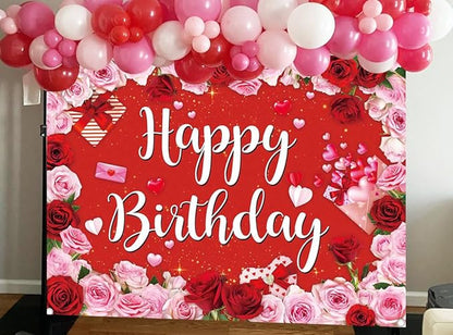 Rose Happy Birthday Backdrop for Women Red Pink Floral Birthday Photography Background Girl Flower Party Decorations Banner Booth Props (7x5FT(82 x 59 inch))
