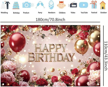 Red and Gold Happy Birthday Backdrop Banner Elegant Roses Balloons Photography Background Birthday Party Decorations Photo Booth Props Supplies 71x43 Inch