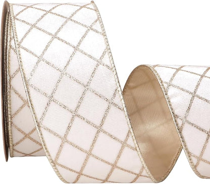 Ribbli White Velvet Ribbon Wired with Glitter Diamond Grid 2-1/2 Inch Christmas Ribbon for Christmas Tree Decoration Big Bow Gift Wrapping Crafts Wreaths Garland Supplies - 10 Yards