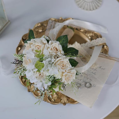 Wedding Bouquets Large for Bride Bridesmaid,White Champagne Artificial Roses Flowers for Wedding Church Decoration (9.5in)