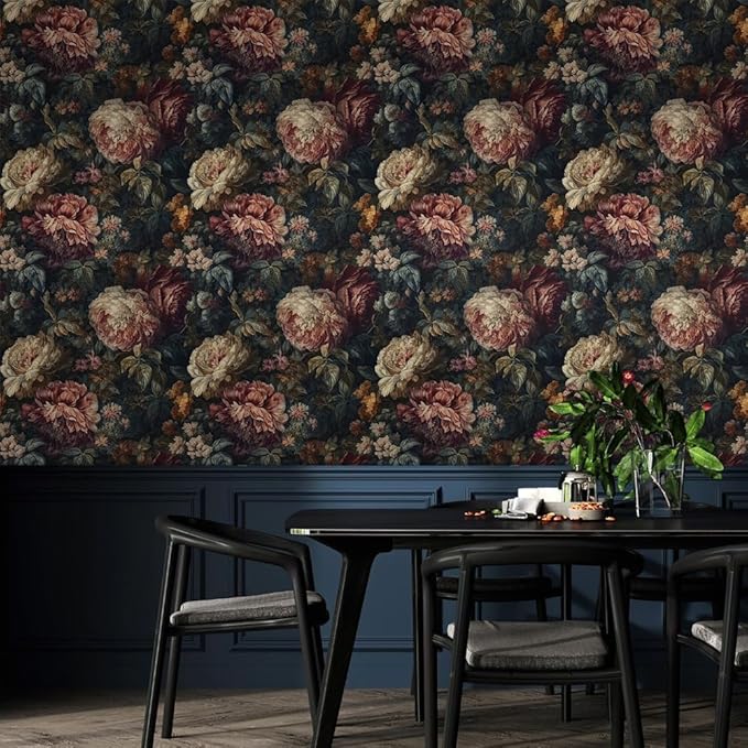 Dark Black Pink White Plum Floral Peony Flowers Peel and Stick Wallpaper Easy Peel Off Contact Paper Stick on Adhesive Wall Paper for Bathroom Waterproof Renter Friendly