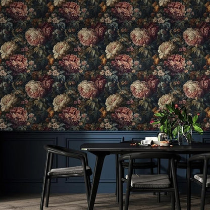 Dark Black Pink White Plum Floral Peony Flowers Peel and Stick Wallpaper Easy Peel Off Contact Paper Stick on Adhesive Wall Paper for Bathroom Waterproof Renter Friendly
