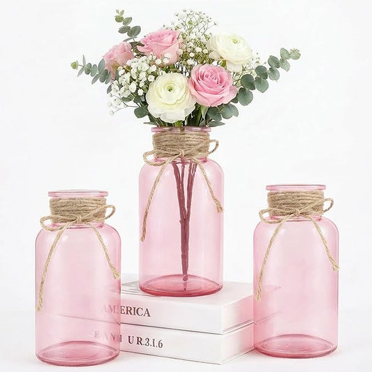 Vintage Glass Flower Vase，3 Pack Farmhouse Pink Glass Centerpiece Vases Mason Jars for Weddings, Parties & Home Decor Bulk (3, Pink)