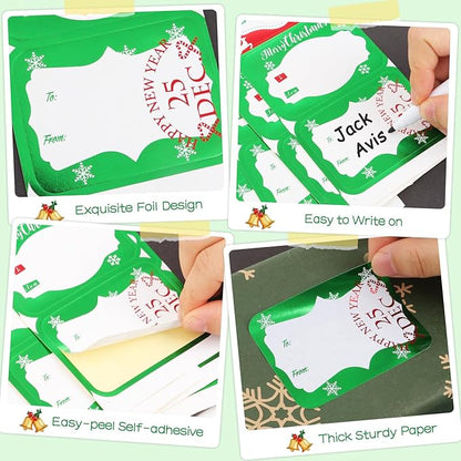 Jumbo Christmas Name Tags Stickers 120 Pack/8 Designs -Gift Tag with Reflective Metallic Foil for Christmas Presents (Snow White)