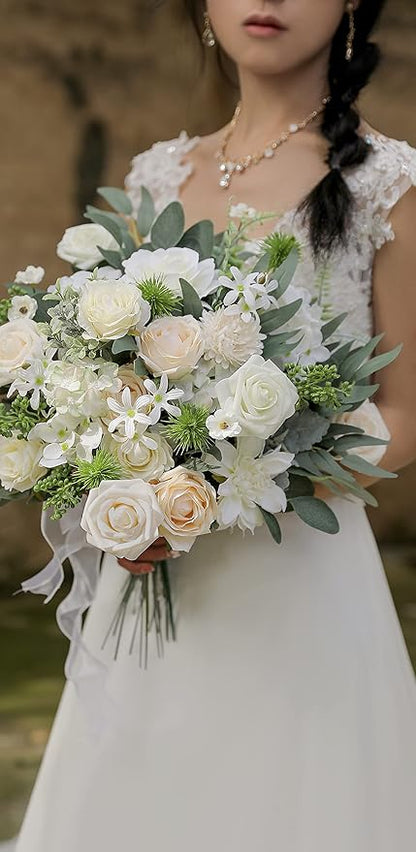 Artificial Flowers Combo Silk Mix Fake Flowers Leaf for DIY Wedding Bouquets Centerpieces Arrangements Party Baby Shower Home Decorations(Milk White)