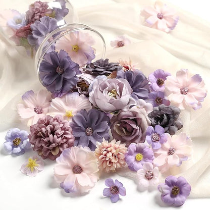 Faux Flower Heads Small Silk Artificial Flower DIY Fake Mini Flowers Rose Daisy Multicolor Flowers Craft Supplies for Wedding Party Wreath Graduation Season Party Home Decor (45, Purple)