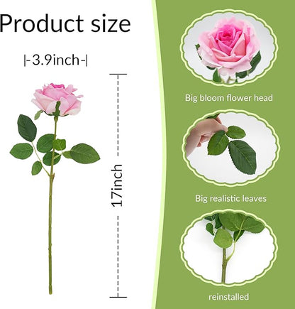 6 Pcs Silk Real Touch Latex Roses, Artificial Single Stem Big Bloom Faux Roses for Home Party Office Wedding Indoor Decor, Floral Arrangements, Table Centerpieces