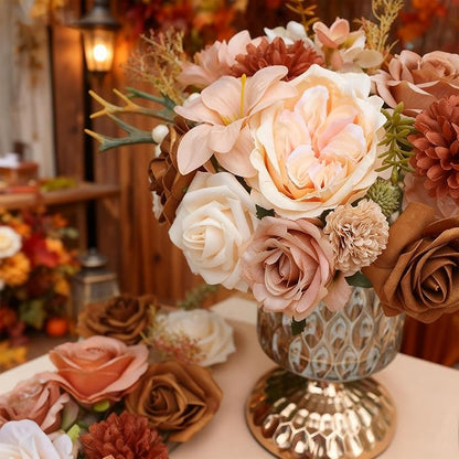 SwanMoon Artificial Flowers Combo Box Set, 30pcs Silk Champagne Roses & Peony with Stems for DIY Wedding Bouquets, Baby Shower, Party Centerpieces & Home Decor