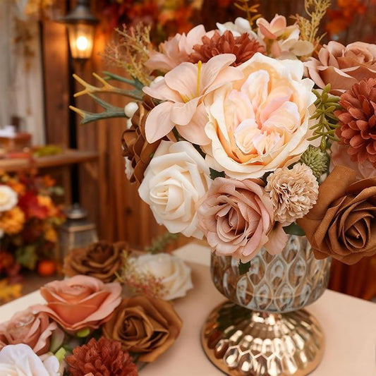 SwanMoon Artificial Flowers Combo Box Set, 30pcs Silk Champagne Roses & Peony with Stems for DIY Wedding Bouquets, Baby Shower, Party Centerpieces & Home Decor