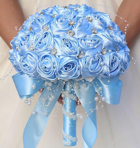 Bridal Wedding Bouquet Round Bling Brooch Bouquet Throw Toss Artificial Rose Flower Bunch for Bride Bridesmaid Wedding Quinceanera(Light Blue, 7.5")