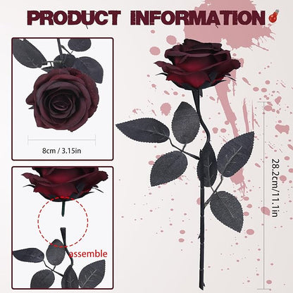 Felice Arts 12 Pack Burgundy Roses Artificial Flowers with Black Stems Silk Roses Fake Gothic Flowers Bouquet for Halloween Wedding Centerpiece Table Vase Home Indoor Kitchen Party DIY Vampire Decor