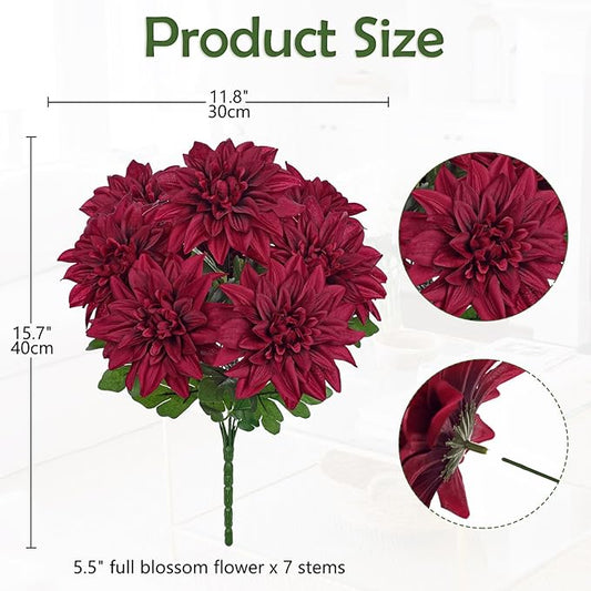 Hollyone Dark Red Artificial Dahlia Flowers Bush 7 Heads Silk Fake Dahlias Flowers with Stems Wedding Bouquets Faux Dahlia Flowers Arrangements for Outdoor Indoor DIY Table Centerpieces Home Decor