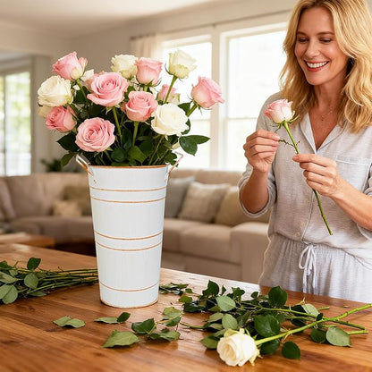 10" Tall Flower Buckets Metal Vase - Pack of 2 Rustic Farmhouse Centerpiece Vases for Table with Handles, Wedding Home Table Decor, Farmhouse White Flower Bar Bucket Holder