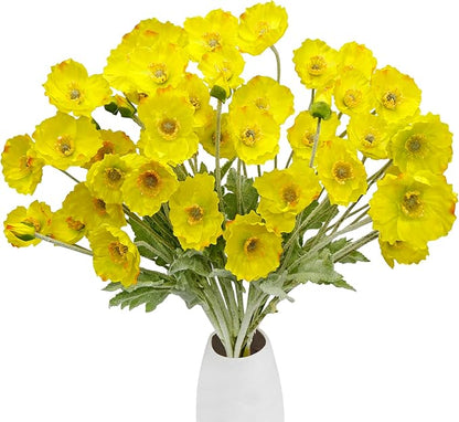12PCS Poppy Flowers Artificial 13" Real Touch Stems Faux Poppies Silk Flowers for Home Decor Indoor (Yellow)