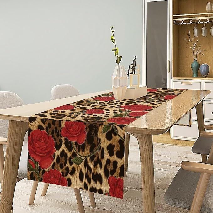 Red Rose Leopard Print Table Runner, Romantic Vintage Rose Flower Spring Summer Dinner Runner Table Decoration for Home Kitchen Dining Holiday Wedding Party 13x60in