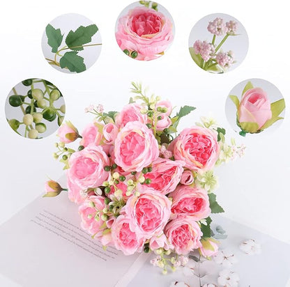 Artificial Peonies Silk Flowers, Pink Faux Peony Bouquet 4 Bundles Florals Arrangements Decor for Farmhouse Home Boho Wedding Table Centerpiece, Fake Plastic Flowers Bulk for Vase Decoration (Pink)
