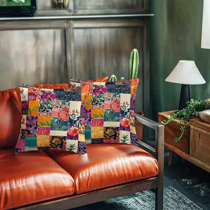 Printed Faux Patchwork Throw Pillow Covers 18x18 Set of 2 | Rustic Kantha Cushion Cases with Hidden Zipper | Floral Decorative Pillowcases for Couch, Sofa, Living Room and Bedroom