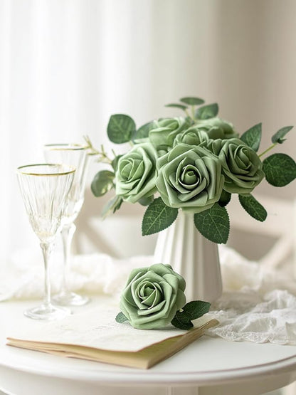 InnoGear Artificial Flowers, 50 Pcs Elf Green Rose Foam Fake Roses Bulk with Stems for Spring Decoration DIY Wedding Bouquets Centerpieces Bridal Shower Party Christmas Tree