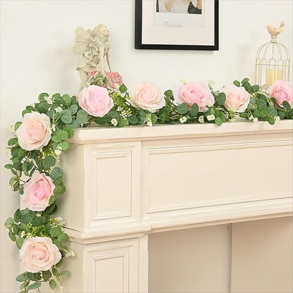 Dolicer 2Pcs 13Ft Artificial Eucalyptus Garlands with Flowers - 8 Roses, Faux Floral Greenery Garlands Fake Flowers Vines for Wedding Table Centerpieces Arch Party Ceremony Backdrop Decor (Pink)