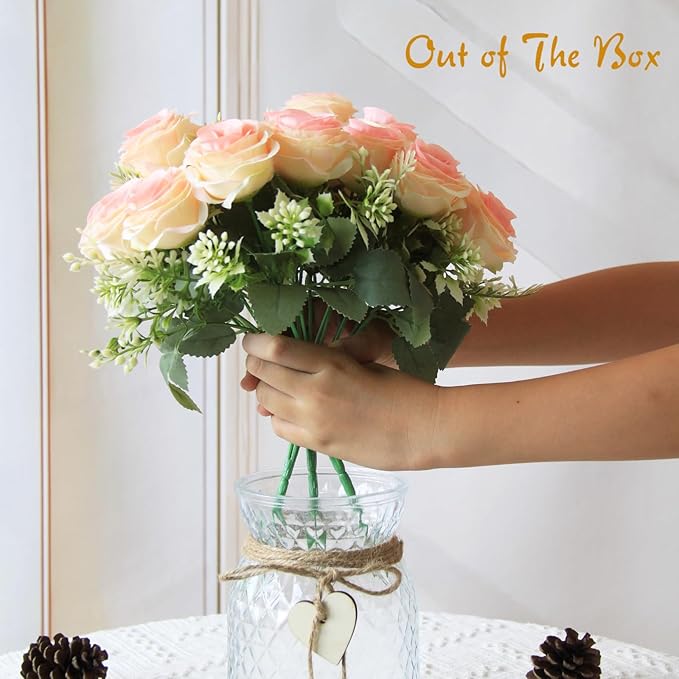 Fake Flowers in Vase,Fake Flowers with Vase 18 Pcs Faux Rose Flowers,Artificial Flowers for Home Decor, Indoor Centerpiece for Living Room & Dining Table (Pink)