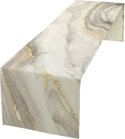 White Grey Marble Table Runner Abstract Modern Luxury Ink Texture Gold Veins Dinner Runner Table Decoration for Home Kitchen Dining Holiday Party 13x60in