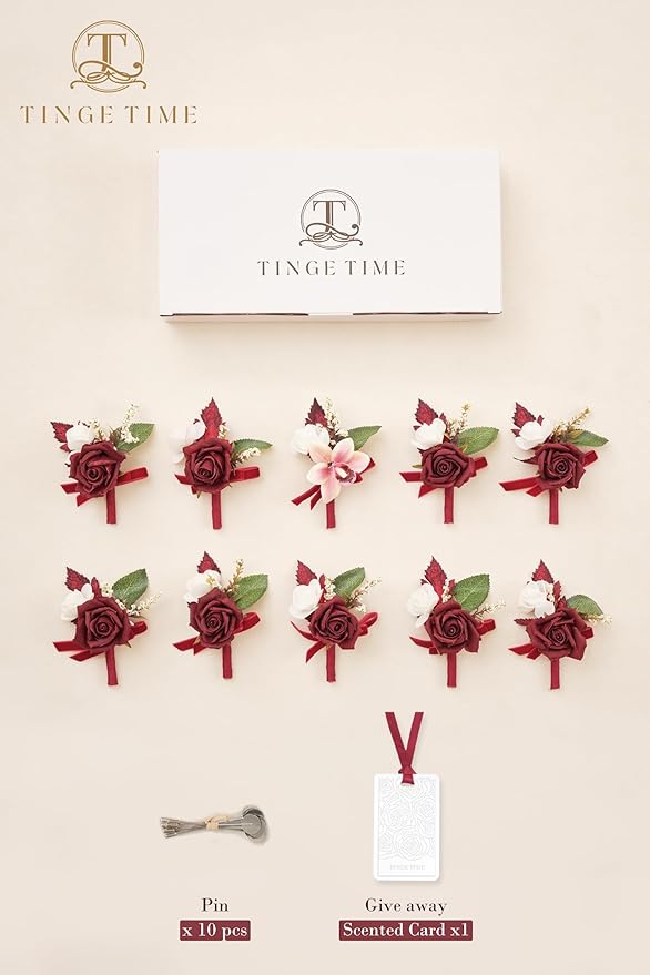 TINGE TIME Boutonniere for Men Wedding,Groom and Best Man Boutonniere for Wedding Ceremony Anniversary, Formal Dinner Party and Rustic Spring Wedding Marriage (10, Burgundy)