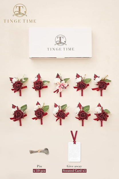 TINGE TIME Boutonniere for Men Wedding,Groom and Best Man Boutonniere for Wedding Ceremony Anniversary, Formal Dinner Party and Rustic Spring Wedding Marriage (10, Burgundy)