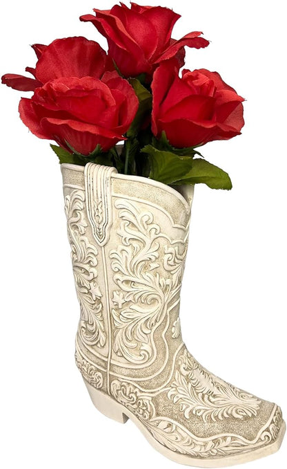Cowgirl Boot Flower Vase – 9” Tall Antique White Finish with Intricate Tooled Leather Detailing - Decorative Western Cowboy Modern Rustic Decor