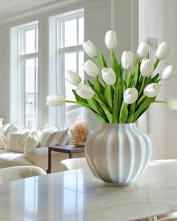 12pcs White Artificial Tulips Silk Faux Flowers Real Touch for Wedding Bouquet, Home Decor, Party Centerpiece, Table Decor, Mother's Day Easter Spring Gifts