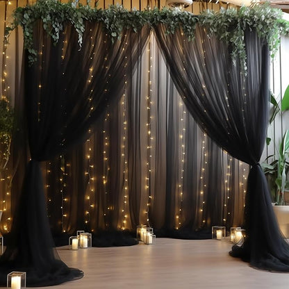 30ft x 10ft Black Backdrop Curtain with Lights String for Parties, Sheer Tulle Wedding Photo Backdrops Drapes for Baby Shower Birthday Party Decorations Background for Photography