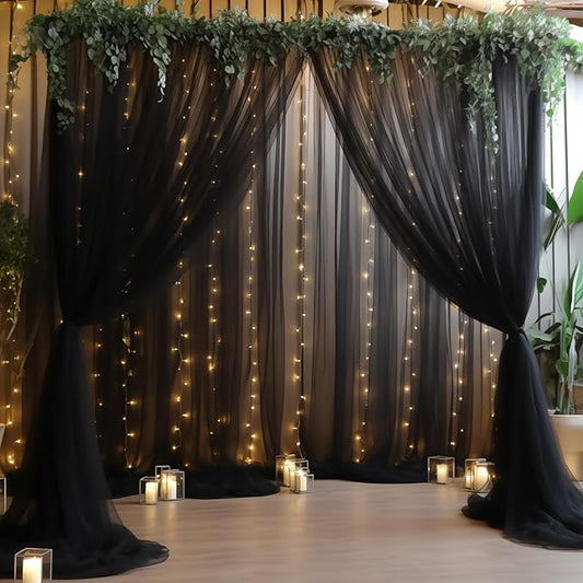 30ft x 10ft Black Backdrop Curtain with Lights String for Parties, Sheer Tulle Wedding Photo Backdrops Drapes for Baby Shower Birthday Party Decorations Background for Photography