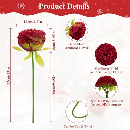 U'Artlines 20 Heads Artificial Peony Silk Flower Leaf for Christmas Holiday New Year Home Office Wedding Party Festival Bar Decor (Red)