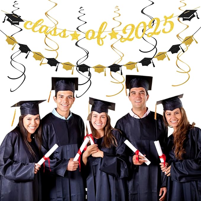 Black-Gold 2025 Class-Congratulations Graduation Party-Decorations - 22pcs High School College Grad Prom Supplies Decor, Tissue Pom Poms Streamers, Paper Flowers Lanterns Hugmoon
