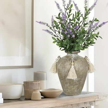 9.4" Large Ceramic Vase for Centerpieces - Rustic Farmhouse Vase with 4 Ears & Tassels, Terracotta Vintage Flower Vases for Tabletop, Desk, Living Room, Bedroom, Entryway, Holiday & Weddings Decor