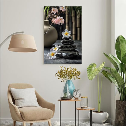 A harmonious black stone stack paired with white and pink flowers bamboo and ceramic vases creates a tranquil Zen decor for minimalist homes and mindful spaces 24x36in Frameless